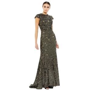 Mac Duggal 26647 Black Gold Sequin Cap Sleeve High Neck Mermaid Gown Size 4 $398